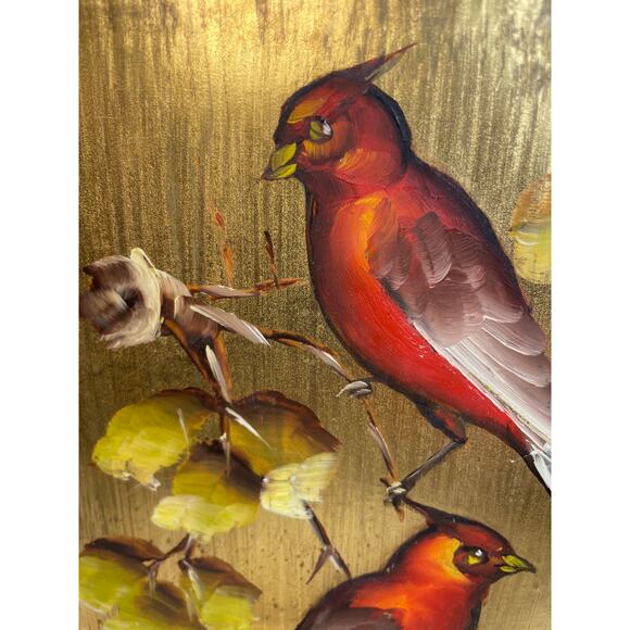 MCM Hand Painted Birds on Gold Leaf Background Original Acrylic VTG 10x7.75" - Picture 2 of 6